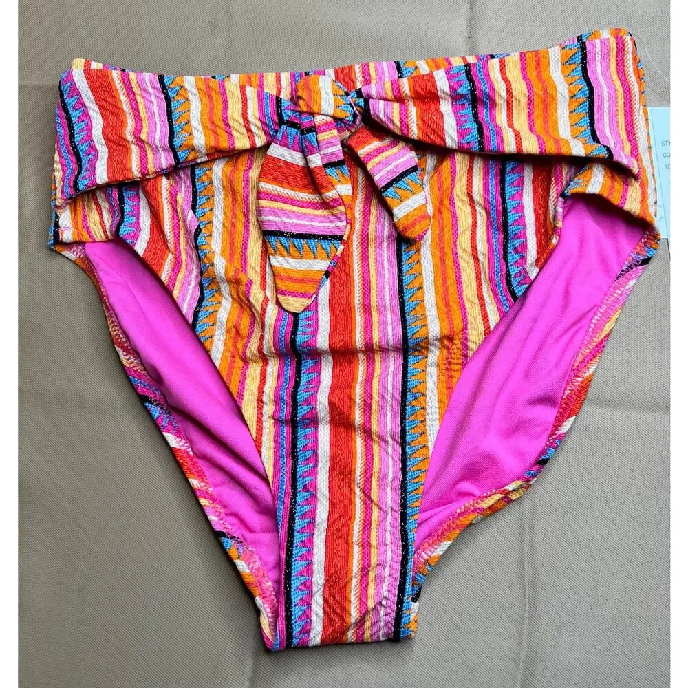 Jessica Simpson Femme Strioe Escape to Pacific Hi-Waist Bikini Bottom M NWT